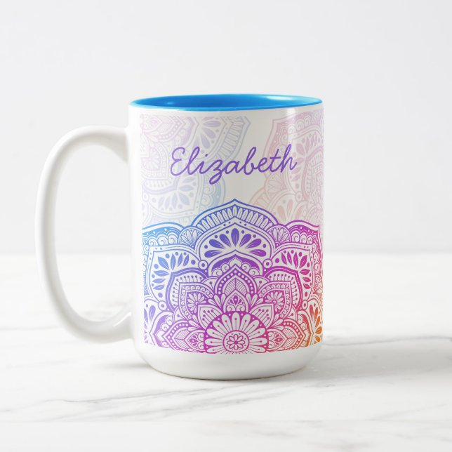 De Café Em Dois Tons Caneca Personalizada 15 oz. Íris Mandala (Esquerda)