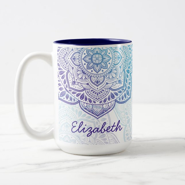 De Café Em Dois Tons Caneca Personalizada 15 oz. Mandala da Lua Azul (Esquerda)