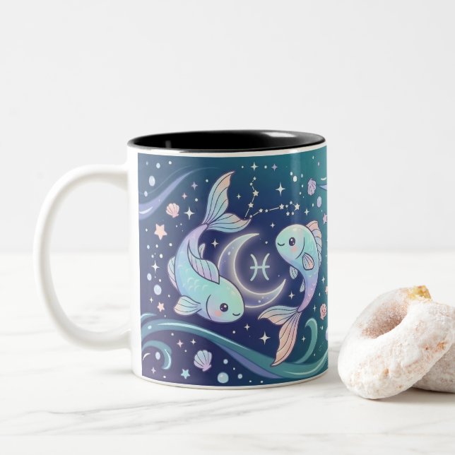 De Café Em Dois Tons Caneca Personalizada do Zodíaco Peixes (Com Donut)