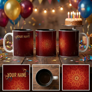 De Café Em Dois Tons Caneca Personalizada Mandala Dourada Vermelha Nome