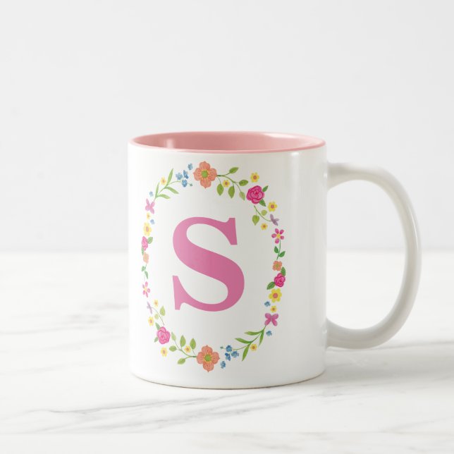 De Café Em Dois Tons Caneca pessoal para ela, inicial quadro floral (Direita)
