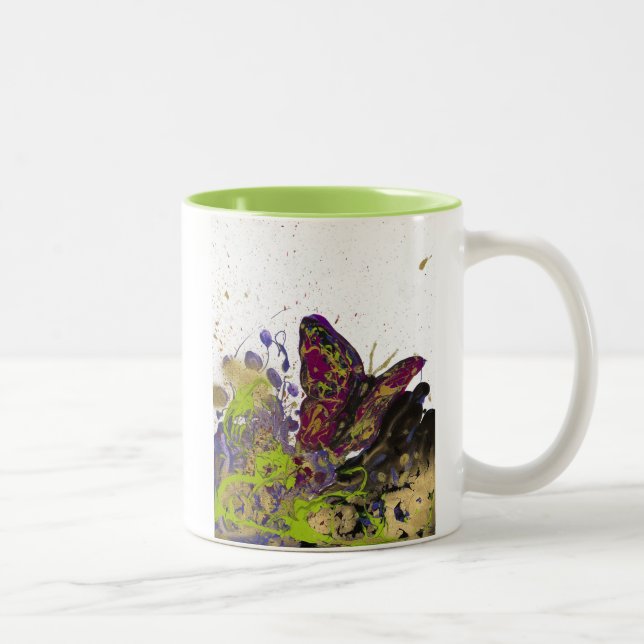 De Café Em Dois Tons Caneca Splattered 11oz da borboleta (branco/limão) (Direita)