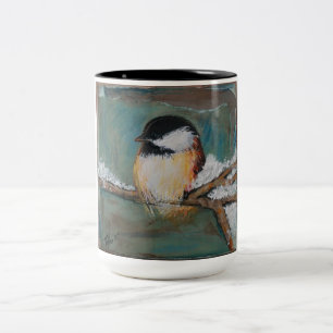De Café Em Dois Tons Caneca tampada do Chickadee do inverno preto