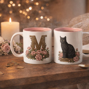De Café Em Dois Tons Caneca Vintage Monograma Gato Preto