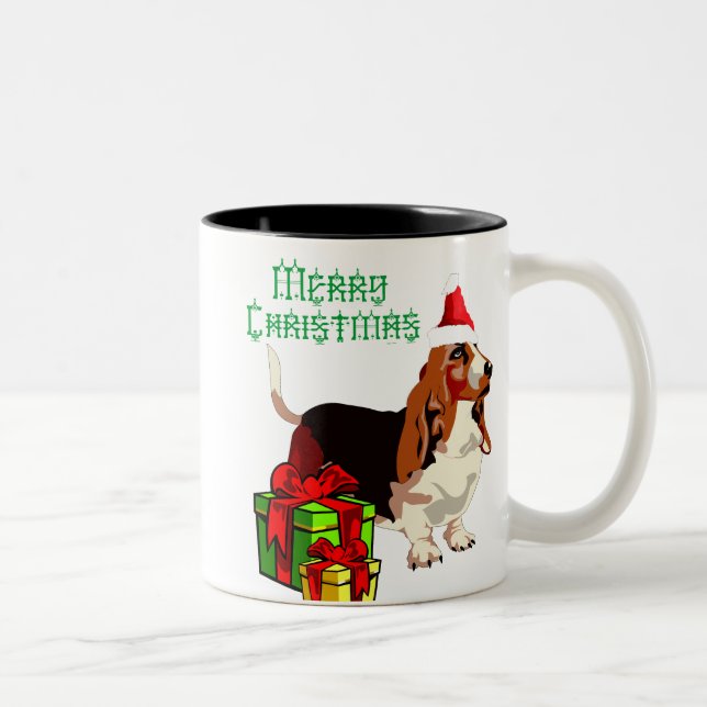 De Café Em Dois Tons Feliz Natal Basset Hound com caneca dos presentes (Direita)