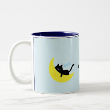 Gato Preto Fofo Dormindo na Lua Caneca Azul Pastel