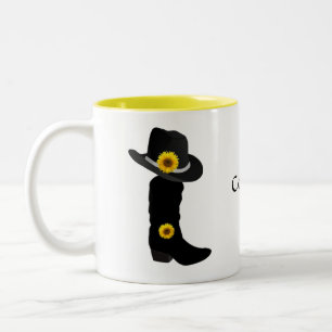 De Café Em Dois Tons Girassóis, Cowgirl Chapéu Preto e Bota Caneca Duas