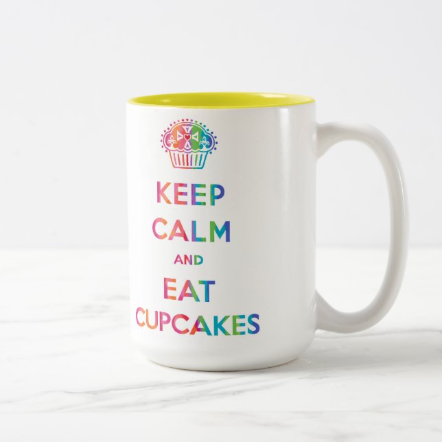 De Café Em Dois Tons Manter Calma e Comer Cupcakes, caneca arco-íris (Direita)