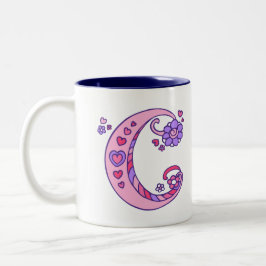 De Café Em Dois Tons Monograma decorativo Corações C e flores caneca ro