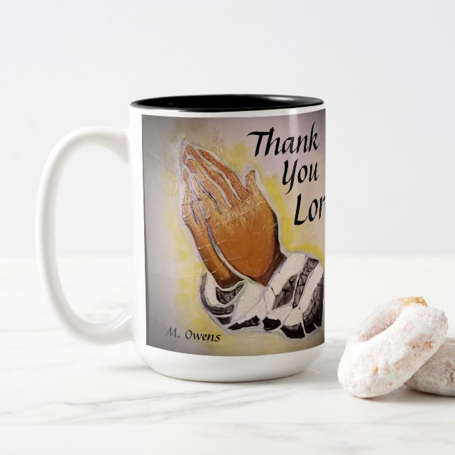 De Café Em Dois Tons "Obrigado Senhor." Caneca Clássica (Com Donut)