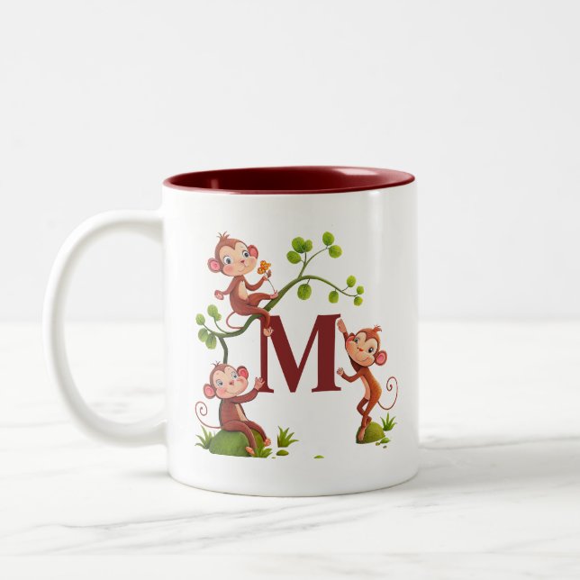 De Café Em Dois Tons Três Macacos Fofos e Caneca com Monograma Marrom (Esquerda)