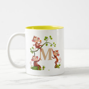 De Café Em Dois Tons Três Macacos Fofos e Caneca Monograma