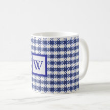 gingham azul e branco, monograma, caneca