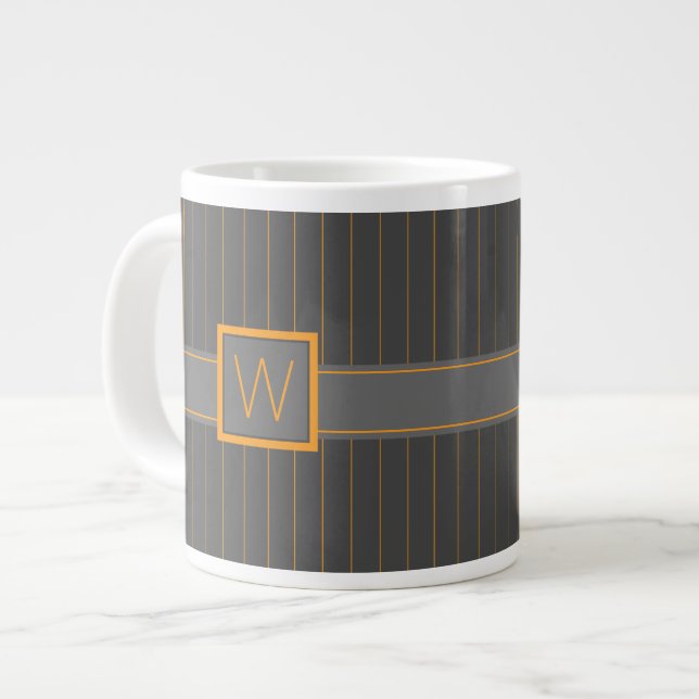 De Café Grande Caneca Especial com Listras Laranjas e Cinza (Frente Esquerda)