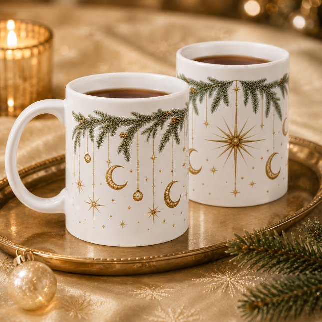 De Café Grande Caneca Lua Estrelas Natal Celestial (Celestial Christmas Moon Stars Evergreen Mug)