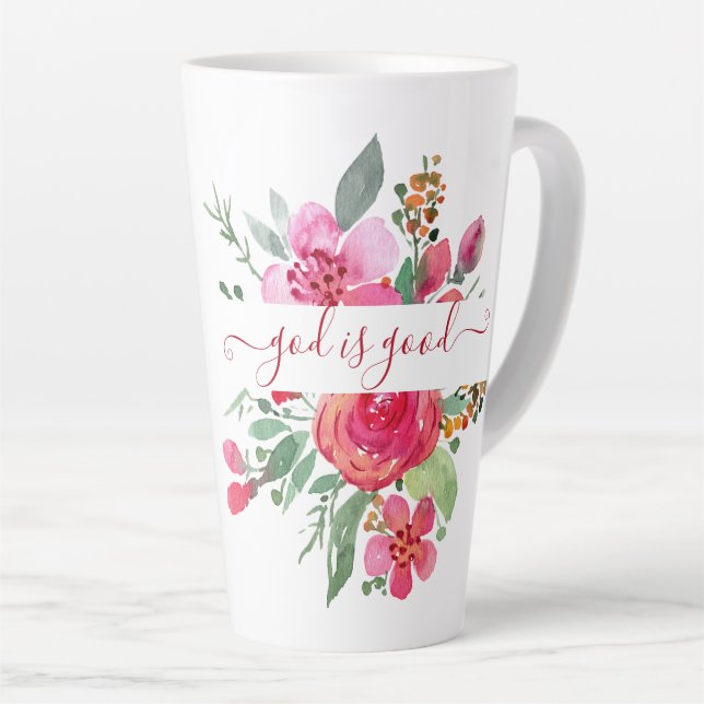 De Café Latte Pink watercolor floral "Deus é bom", caneca latina (Ângulo direito)