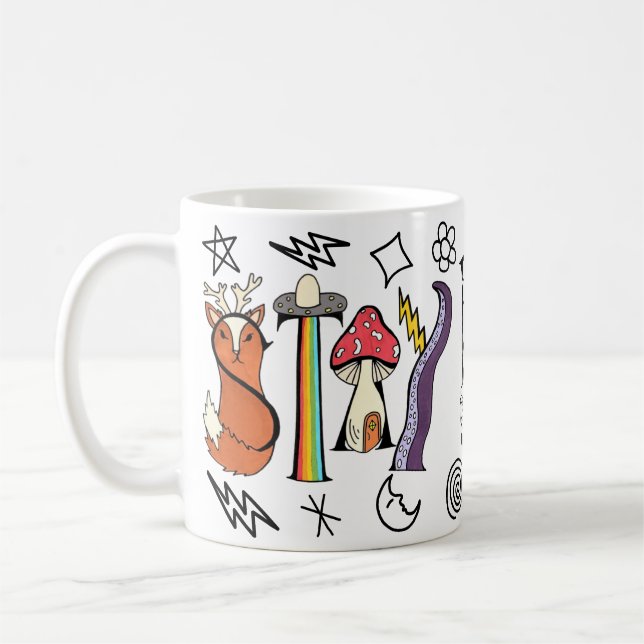 De Café Mantenha Uma Caneca Estranha Com Doodles (Esquerda)