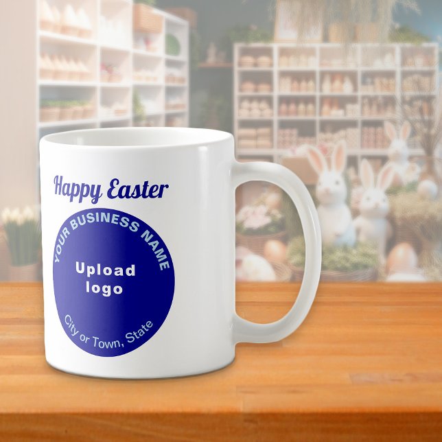 De Café Marca Comercial Azul | Páscoa | Caneca (Mug with Easter greeting and blue round shape business brand)