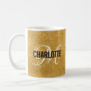 De Café Monograma com brilho dourado chic nome caneca