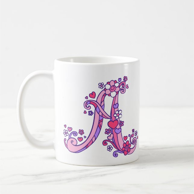 De Café Monograma decorativo Corações e flores caneca rosa (Esquerda)