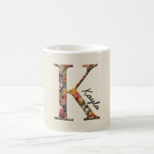 Monograma K, letra floral K, caneca