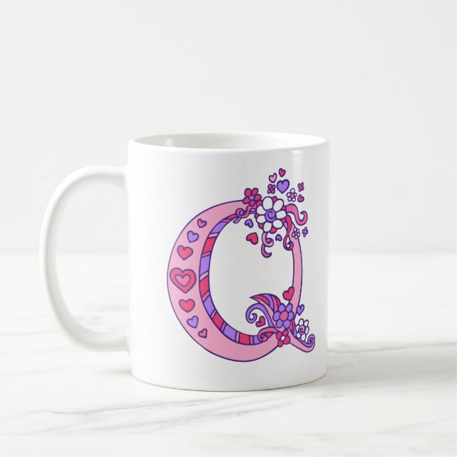 De Café Monograma Q corações e flores caneca roxa rosa (Esquerda)