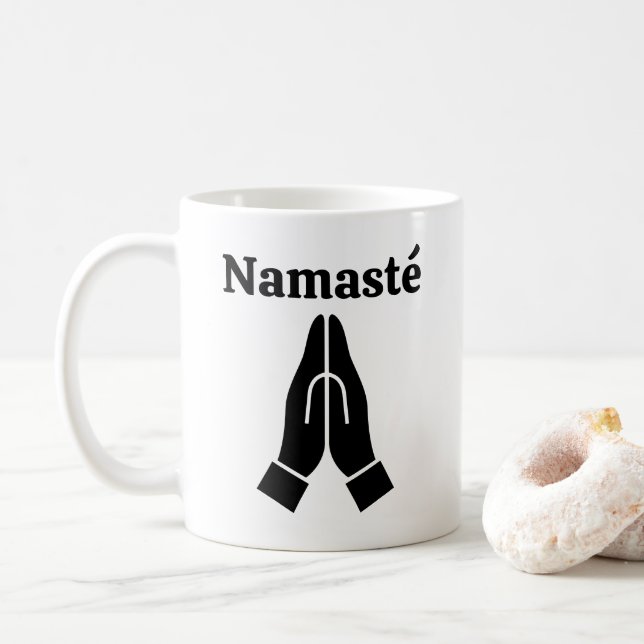 De Café Namasté junta as mãos com símbolo saudação caneca  (Com Donut)