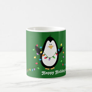 De Café O feriado feliz ilumina a caneca do pinguim