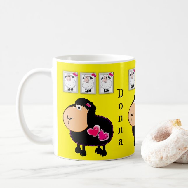De Café Ovelhas Corações Rosa Caneca Amarela (Com Donut)