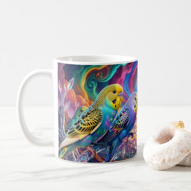 De Café Periquitos vibrantes. Caneca (Com Donut)