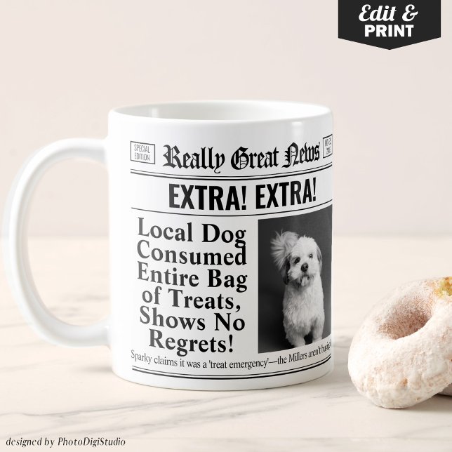 De Café Pet Mug Personalizado Engraçado, Caneca Editável (Editable Funny Gift for Pet Owner, Personalized Mug Newspaper Mug with Pet Photo)