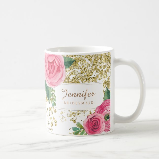 De Café Rosas bonitos da Aquarela com a caneca Dourado do (Direita)