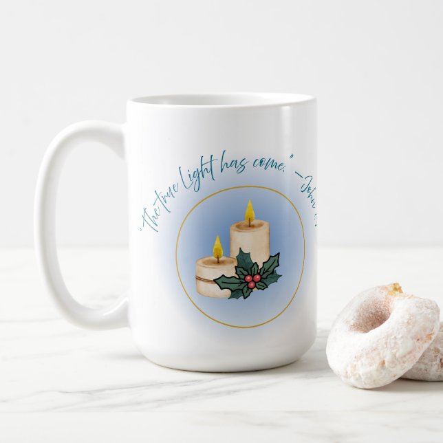 DE CAFÉ UMA CANECA FESTIVA COM VERSÍCULO DA BÍBLIA (Com Donut)