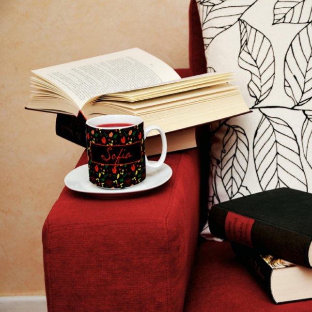 De Café Vidro Jateado Padrões pretos flores silvestres papoila caneca ca (Criador carregado)