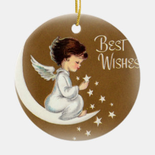 De Cerâmica Anjo pequeno do vintage com ornamento das estrelas