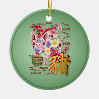 De Cerâmica Ano do porco no ornamento das flores