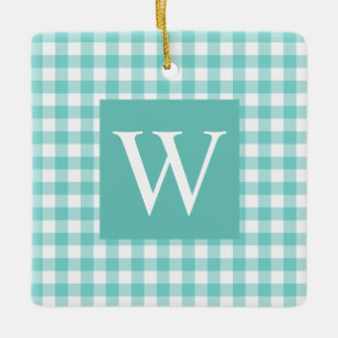 De Cerâmica Aqua Gingham Cheque Ornamento Cerâmico Inicial