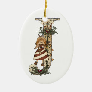 De Cerâmica Arte da letra - J - ornamento do anjo do Natal