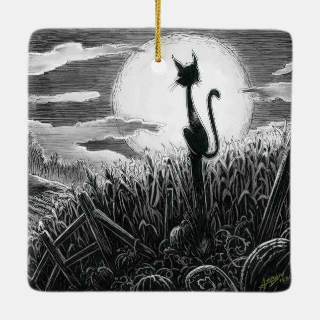 De Cerâmica Boo Gatinho no Ornamento Cerâmico à Lua (Verso)