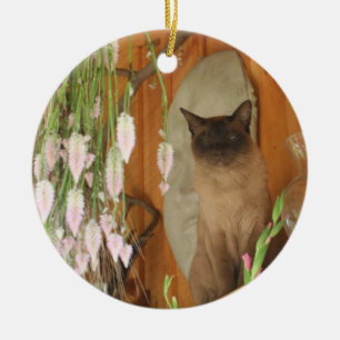 De Cerâmica Gato Siamês Na Prateleira Flores, Ornamento Anima