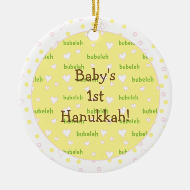 De Cerâmica Hanukkah "Bubeleh" Ornamento em Círculo Rosa/Verde (Frente)