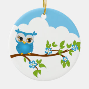 De Cerâmica Menino bonito da coruja em um ornamento do ramo