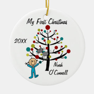 De Cerâmica Menino com do gato o ornamento personalizado Natal