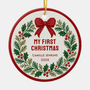 De Cerâmica Meu Primeiro Natal Arco Vermelho Coroa Ornamento d