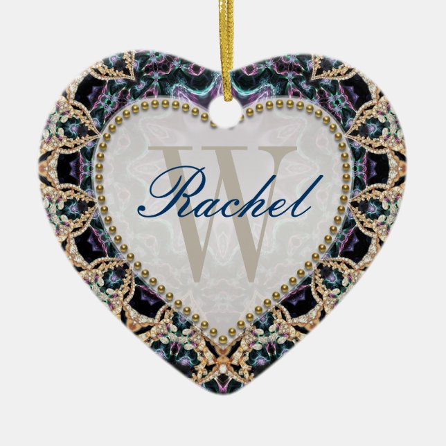 De Cerâmica Monograma Dourado Azul Monograma Amor Ornamento Ca (Frente)