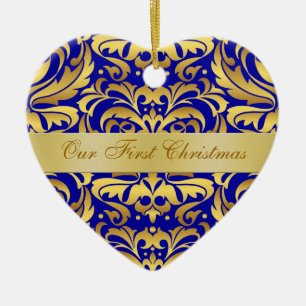 De Cerâmica Nosso ornamento Dourado azul do damasco do
