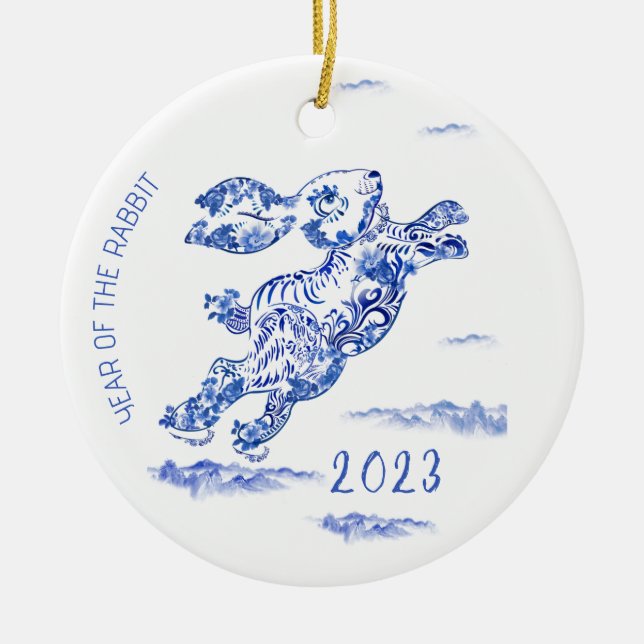 De Cerâmica Ornamento 2023 do Coelho Branco Azul Ano Novo Chin (Frente)