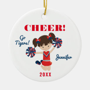 De Cerâmica Ornamento do Cheerleader Brunette Cheer Vermelho e