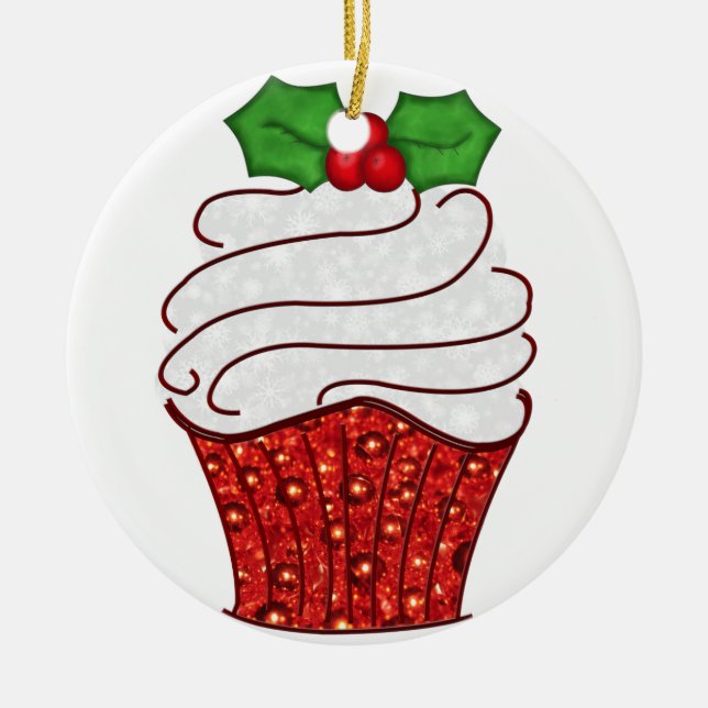 De Cerâmica Ornamento do cupcake do Natal no vermelho (Frente)