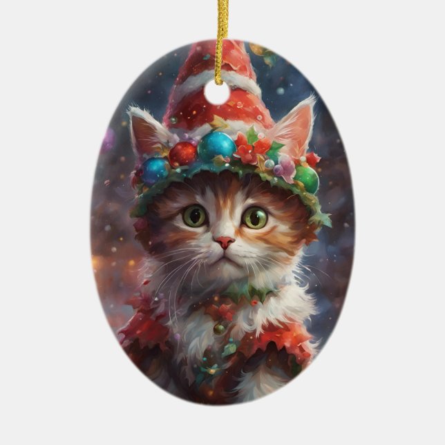 De Cerâmica Ornamento do Elf Kitten no Natal (Frente)